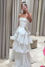Elegant A-Line Long White Tiered Prom Dresses 21Th Birthday Outfits