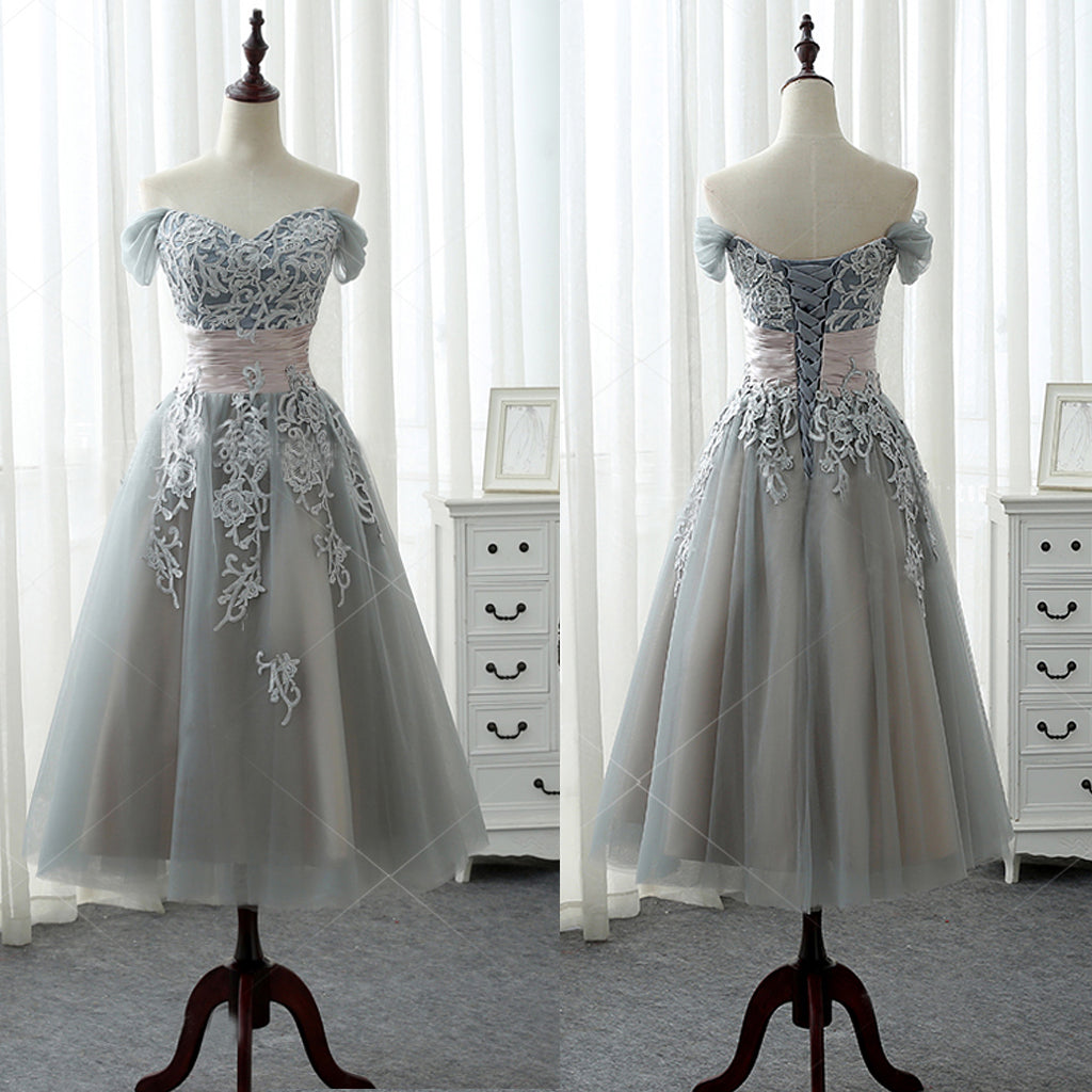 Elegant A-line Off Shoulder Lace Appliques Tea-Length Bridesmaid Dress