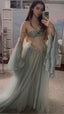 Elegant A-Line Off The Shoulder Floor-Length Tulle Long Sleeves Prom Dresses Prom Dress