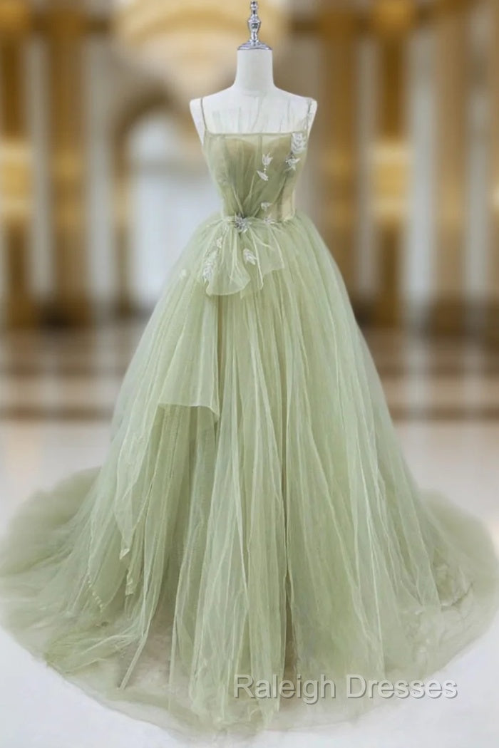 Elegant A Line Open Back Green Tulle Long Prom Dresses, Green Formal Graduation Evening Dresses