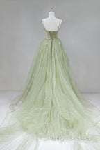 Elegant A Line Open Back Green Tulle Long Prom Dress Green Prom Graduation Prom Dress