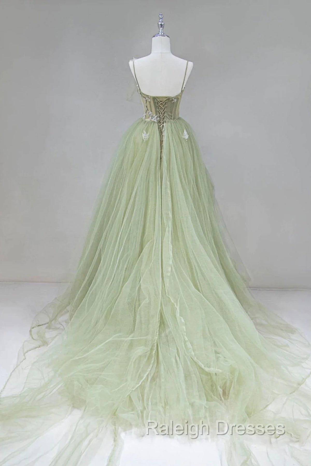 Elegant A Line Open Back Green Tulle Long Prom Dress Green Prom Graduation Prom Dress