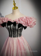 Elegant A-line Pink Off Shoulder Long Evening Dress, Pink with Black Lace Long Prom Dress