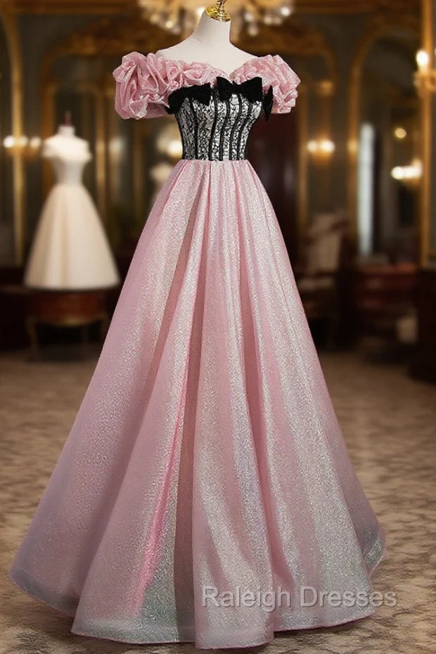 Elegant A-line Pink Off Shoulder Long Evening Dress, Pink with Black Lace Long Prom Dress