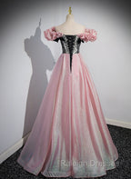 Elegant A Line Pink Off Shoulder Long Prom Dress, Pink with Black Lace Long Prom Dress