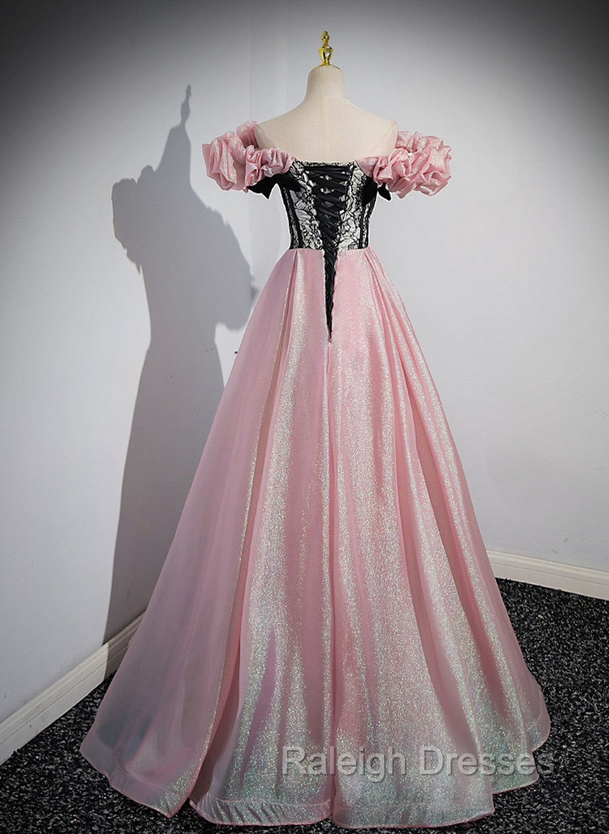 Elegant A Line Pink Off Shoulder Long Prom Dress, Pink with Black Lace Long Prom Dress
