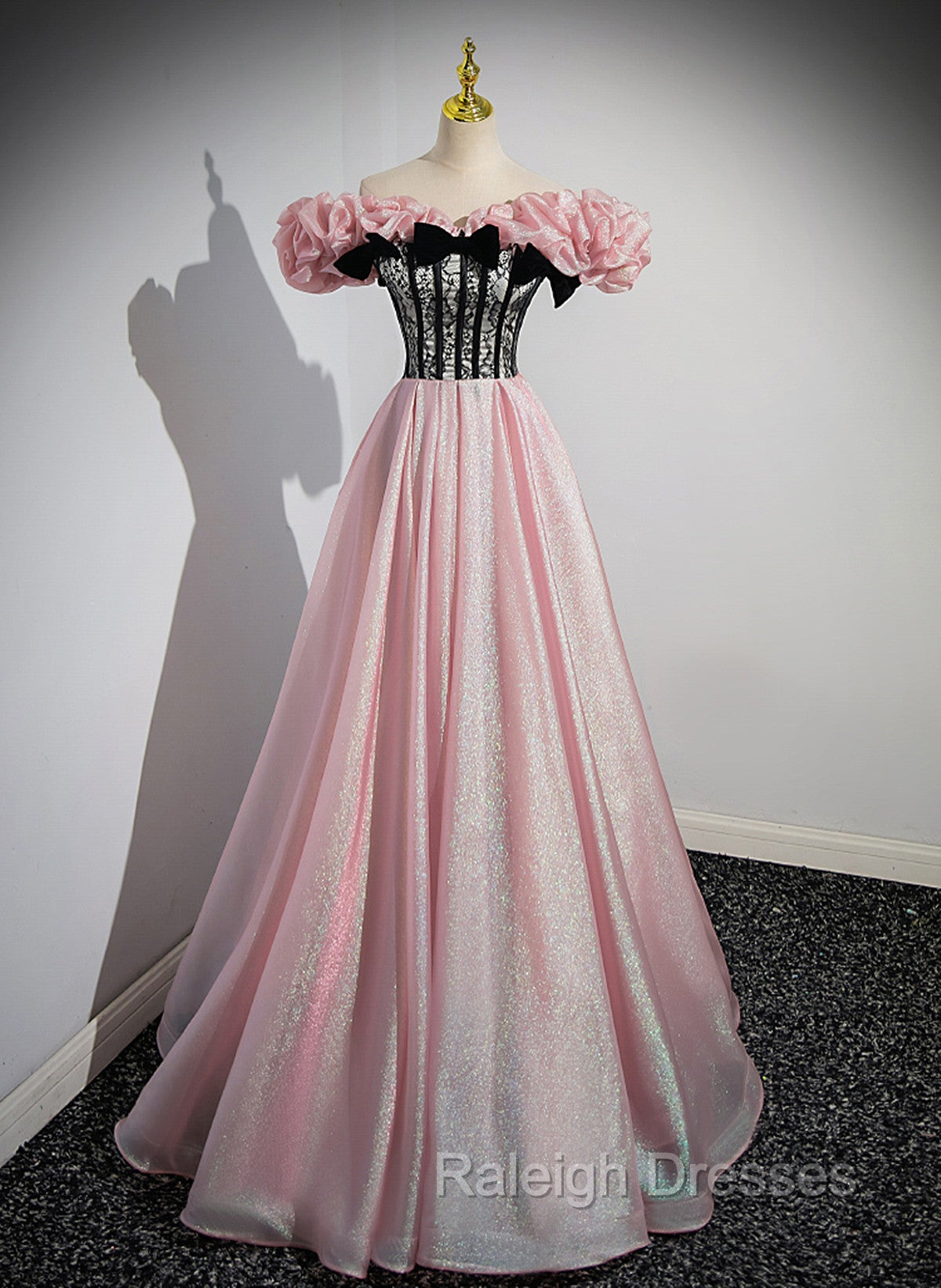 Elegant A Line Pink Off Shoulder Long Prom Dress, Pink with Black Lace Long Prom Dress Main image