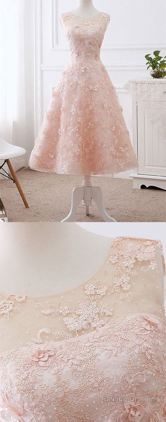 Elegant A-Line Scoop Neck Tea Length Lace Pink Short Homecoming Dresses Main image