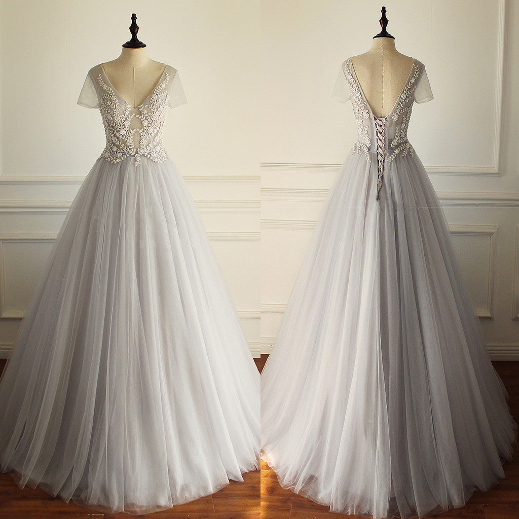 Elegant A-line Short Illusion Sleeve Appliques Rhinestone Lace Up Back Floor Length Wedding Dress Main image