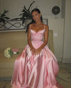 Elegant A-Line Spaghetti Straps Floor-Length Satin Long Pink Prom Dresses Prom Dress