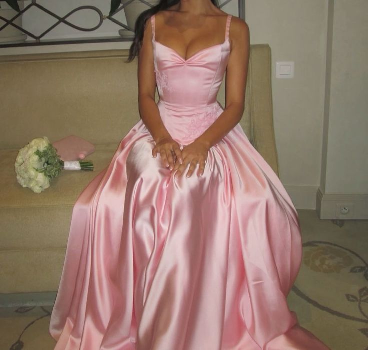 Elegant A-Line Spaghetti Straps Floor-Length Satin Long Pink Prom Dresses Prom Dress