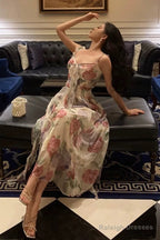 Elegant A Line Spaghetti Straps Pink Floral Prom Dresses Birthday Outfits Evening Gown