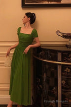 Elegant A Line Square Neckline Green Long Prom Dresses Birthday Outfits Evening Gown