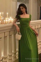 Elegant A Line Square Neckline Green Long Prom Dresses Birthday Outfits Evening Gown