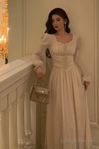 Elegant A Line Square Neckline Long Sleeves White Chiffon Prom Dresses Birthday Outfits Evening Gown