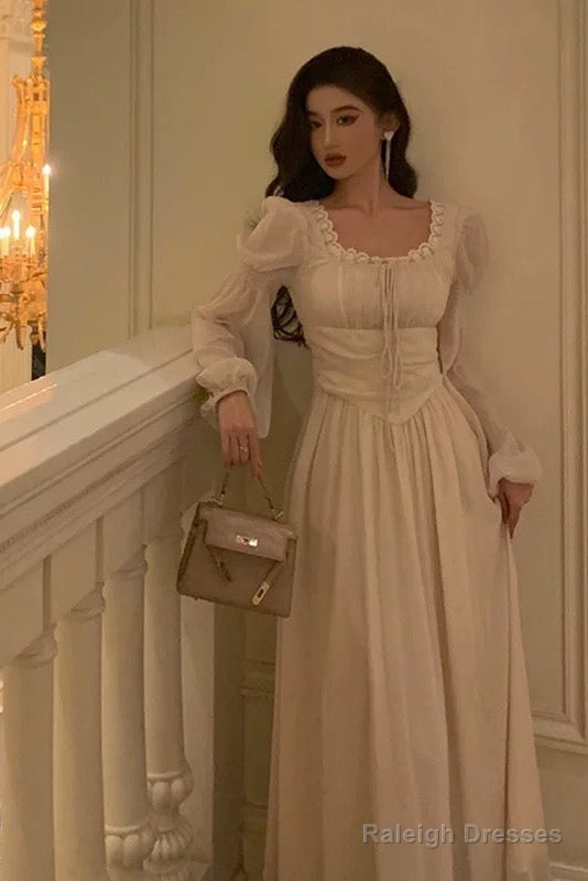 Elegant A Line Square Neckline Long Sleeves White Chiffon Prom Dresses Birthday Outfits Evening Gown