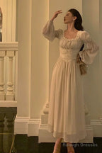 Elegant A Line Square Neckline Long Sleeves White Chiffon Prom Dresses Birthday Outfits Evening Gown