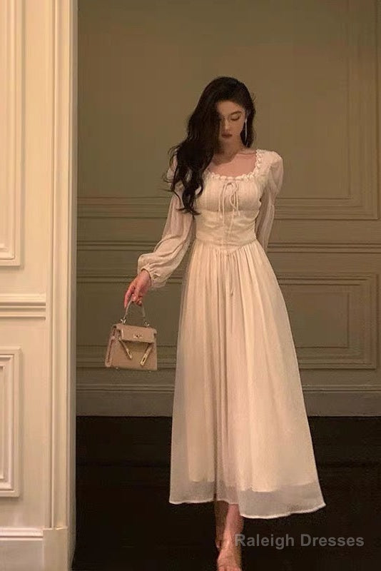 Elegant A Line Square Neckline Long Sleeves White Chiffon Prom Dresses Birthday Outfits Evening Gown Main image