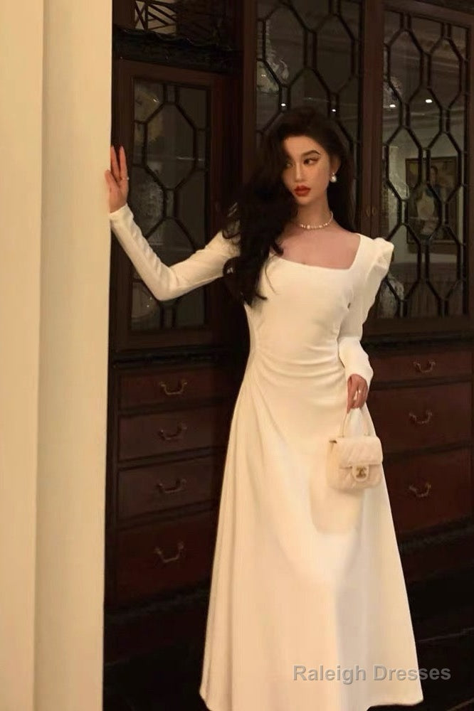 Elegant A Line Square Neckline Long Sleeves White Prom Dresses Birthday Outfits Evening Gown Secondary image