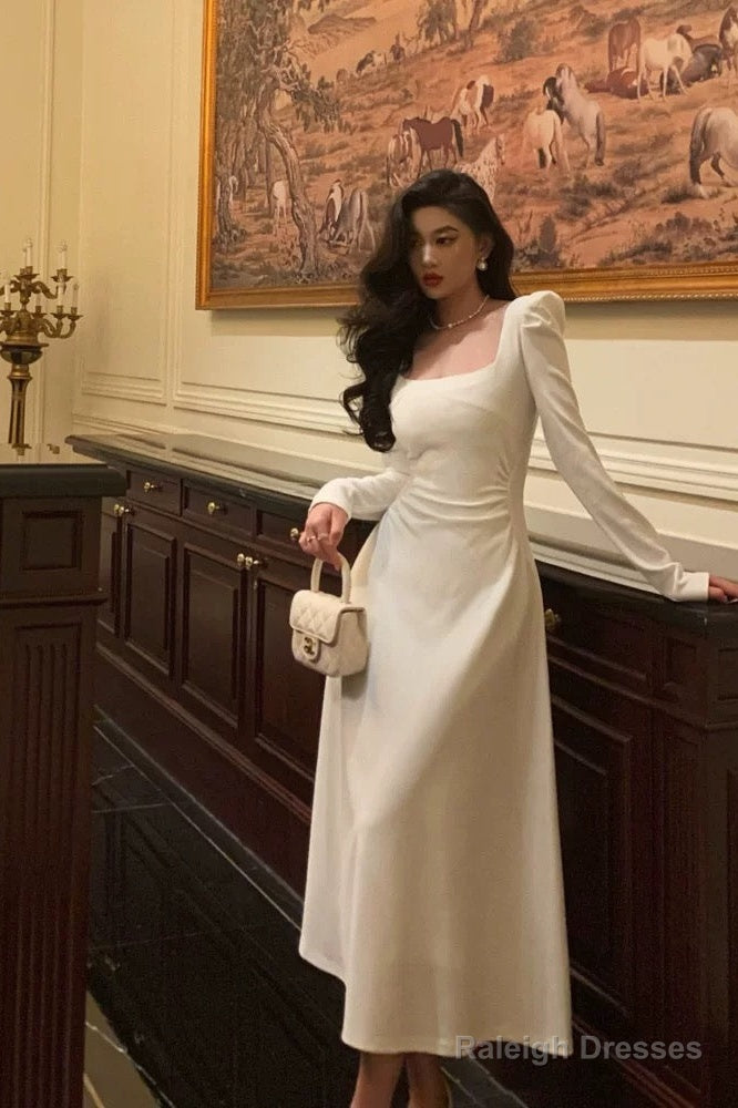 Elegant A Line Square Neckline Long Sleeves White Prom Dresses Birthday Outfits Evening Gown