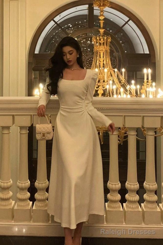 Elegant A Line Square Neckline Long Sleeves White Prom Dresses Birthday Outfits Evening Gown Main image