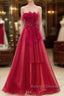 Elegant A Line Strapless Red Tulle Long Prom Dress