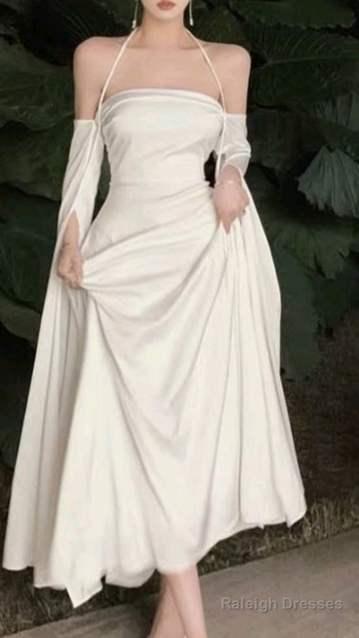 Elegant A Line Straps Long Sleeves Silk Satin White Prom Dresses Formal Dress Main image