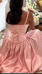 Elegant A-Line Straps Pink Satin Long Length Prom Dress Birthday Outfits
