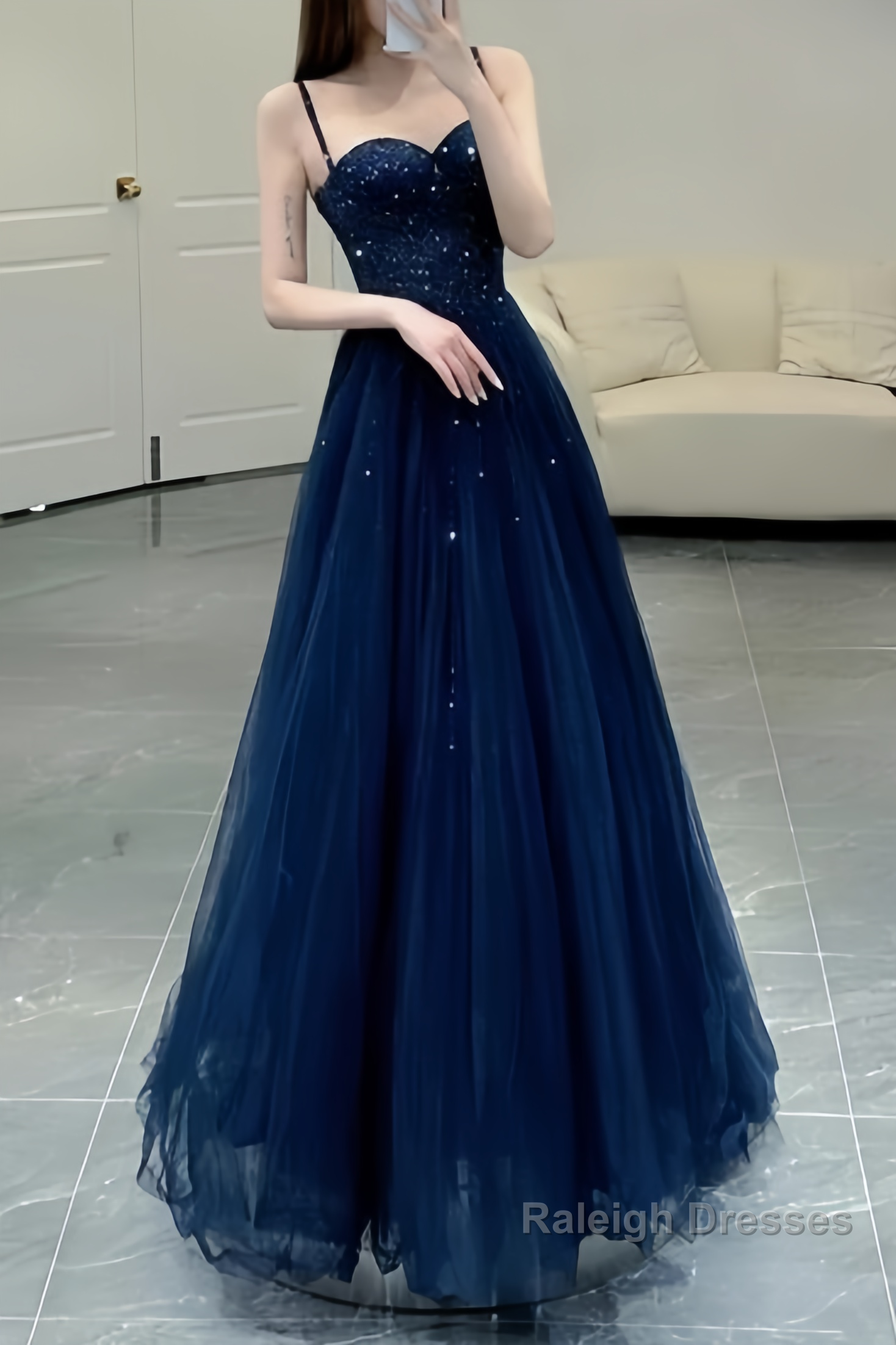 Elegant A line Straps Tulle Navy Blue Prom Dresses Formal Evening Dress Main image