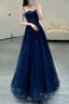 Elegant A line Straps Tulle Navy Blue Prom Dresses Formal Evening Dress