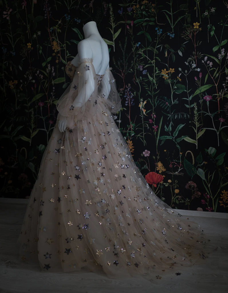 Elegant A-Line Sweetheart Bubble Sleeves Tulle Prom Dress With Stars Prom Dress