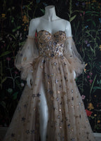 Elegant A-Line Sweetheart Bubble Sleeves Tulle Prom Dress With Stars Prom Dress