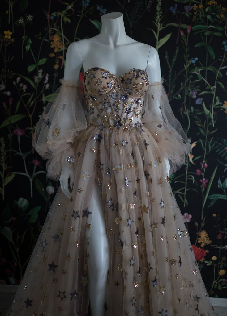 Elegant A-Line Sweetheart Bubble Sleeves Tulle Prom Dress With Stars Prom Dress