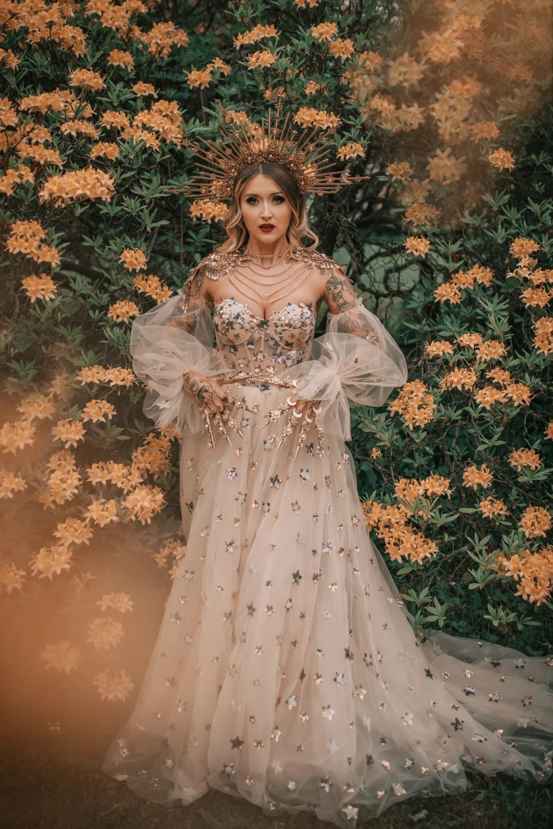 Elegant A-Line Sweetheart Bubble Sleeves Tulle Prom Dress With Stars Prom Dress