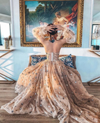 Elegant A-Line Sweetheart Bubble Sleeves Tulle Prom Dress With Stars Prom Dress