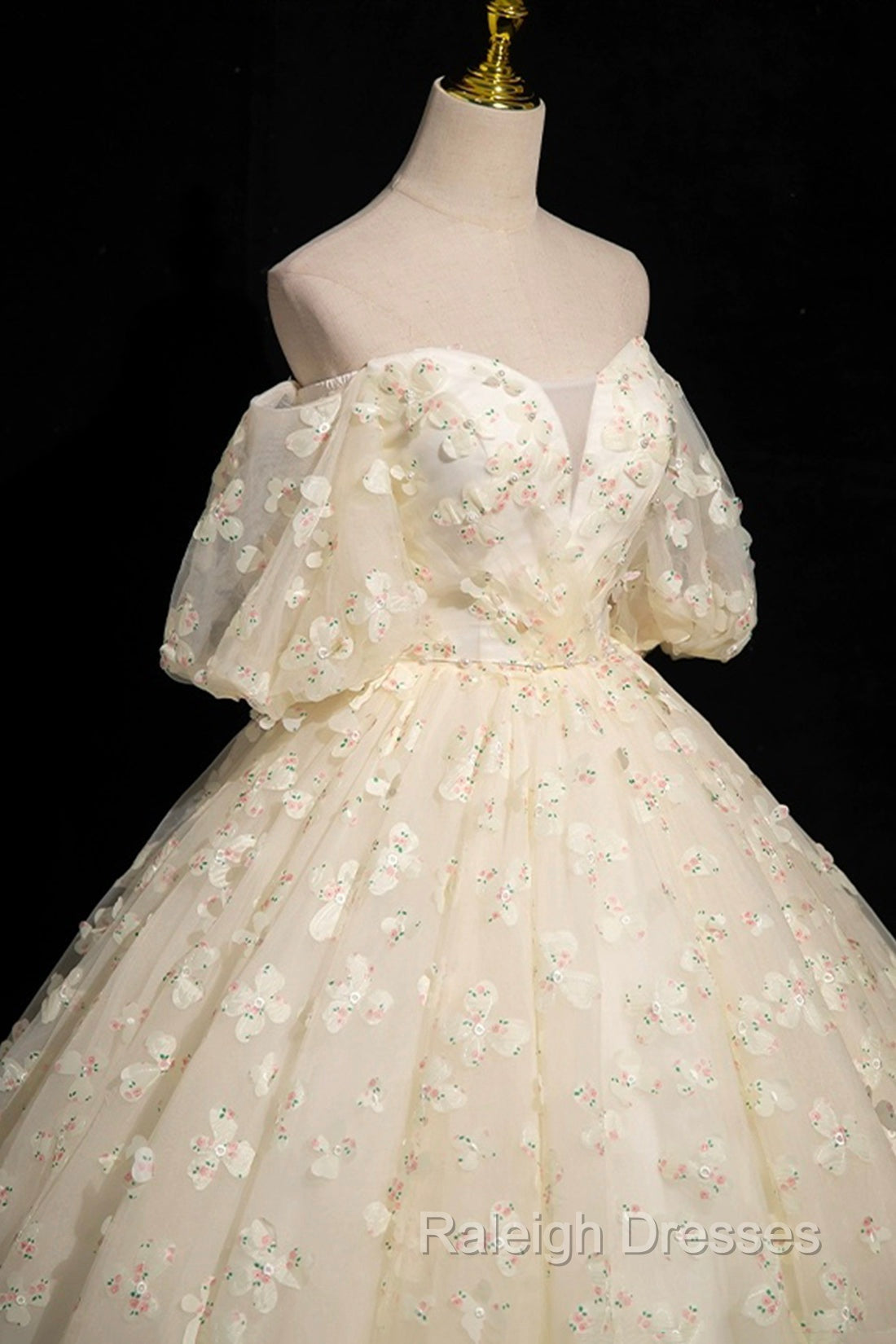 Elegant A-Line Tulle Floor Length Prom Dress, Champagne Off The Shoulder Evening Party Dress