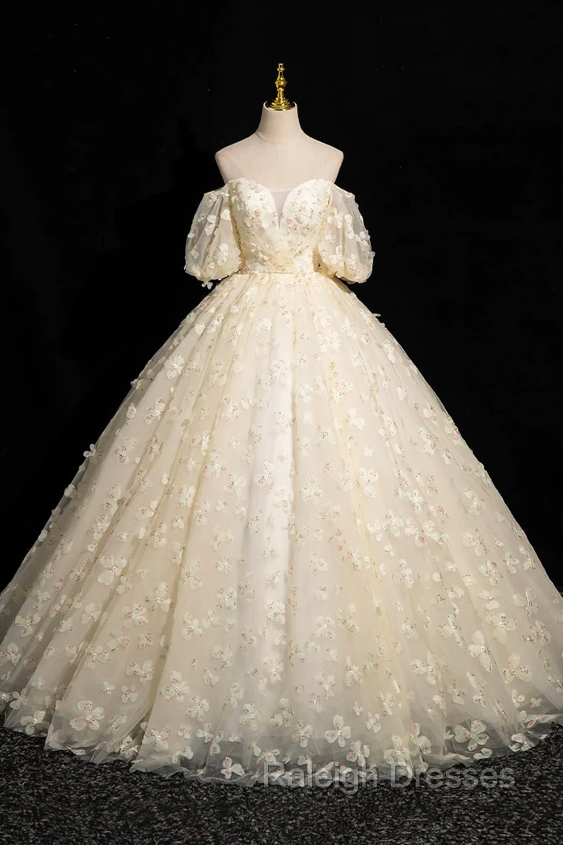 Elegant A-Line Tulle Floor Length Prom Dress, Champagne Off The Shoulder Evening Party Dress