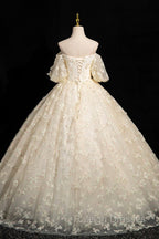 Elegant A-Line Tulle Floor Length Prom Dress, Champagne Off The Shoulder Evening Party Dress