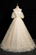 Elegant A-Line Tulle Floor Length Prom Dress, Champagne Off The Shoulder Evening Party Dress