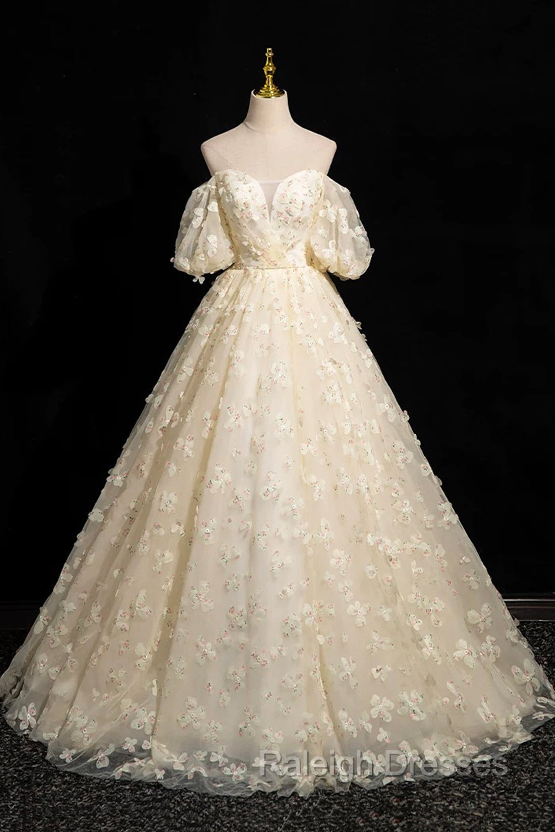 Elegant A-Line Tulle Floor Length Prom Dress, Champagne Off The Shoulder Evening Party Dress