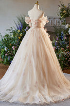 Elegant A-Line Tulle Floor Length Prom Dress, Champagne Off The Shoulder Party Dress