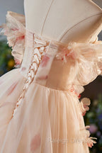 Elegant A-Line Tulle Floor Length Prom Dress, Champagne Off The Shoulder Party Dress