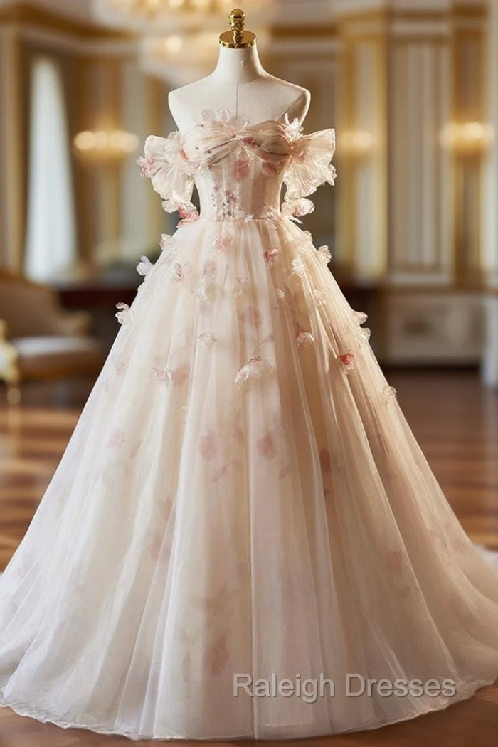 Elegant A-Line Tulle Floor Length Prom Dress, Champagne Off The Shoulder Party Dress Main image