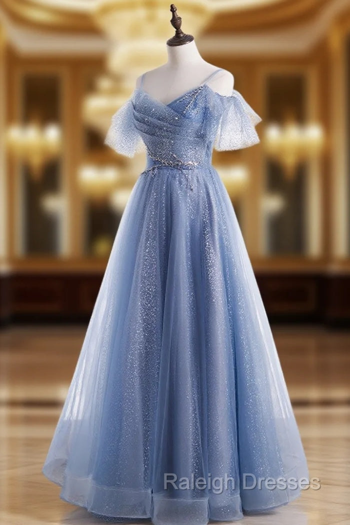 Elegant  A line Tulle Sequin Blue Long Prom Dress, Tulle Blue Formal Evening Dress Main image