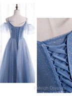 Elegant  A line Tulle Sequin Blue Long Prom Dress, Tulle Blue Formal Evening Dress