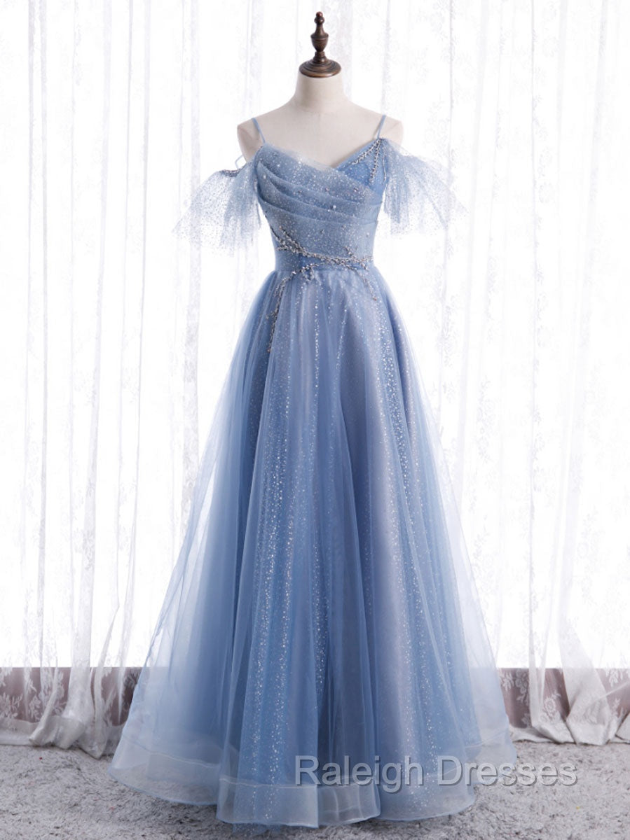 Elegant  A line Tulle Sequin Blue Long Prom Dress, Tulle Blue Formal Evening Dress Secondary image