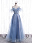 Elegant  A line Tulle Sequin Blue Long Prom Dress, Tulle Blue Formal Evening Dress