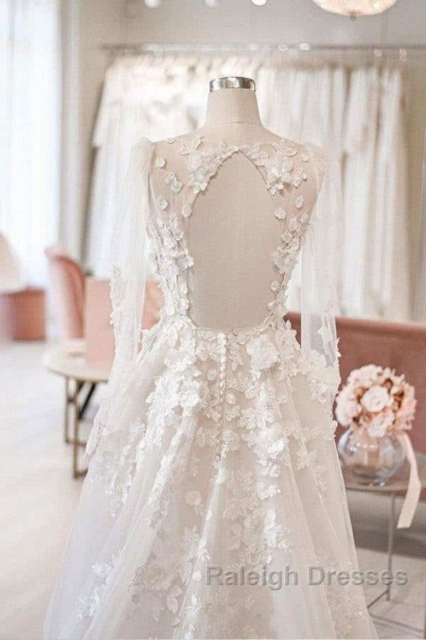 Elegant A-Line V-Neck Long Sleeved Ivory Sheer And Floor Length Wedding Dress Secondary image