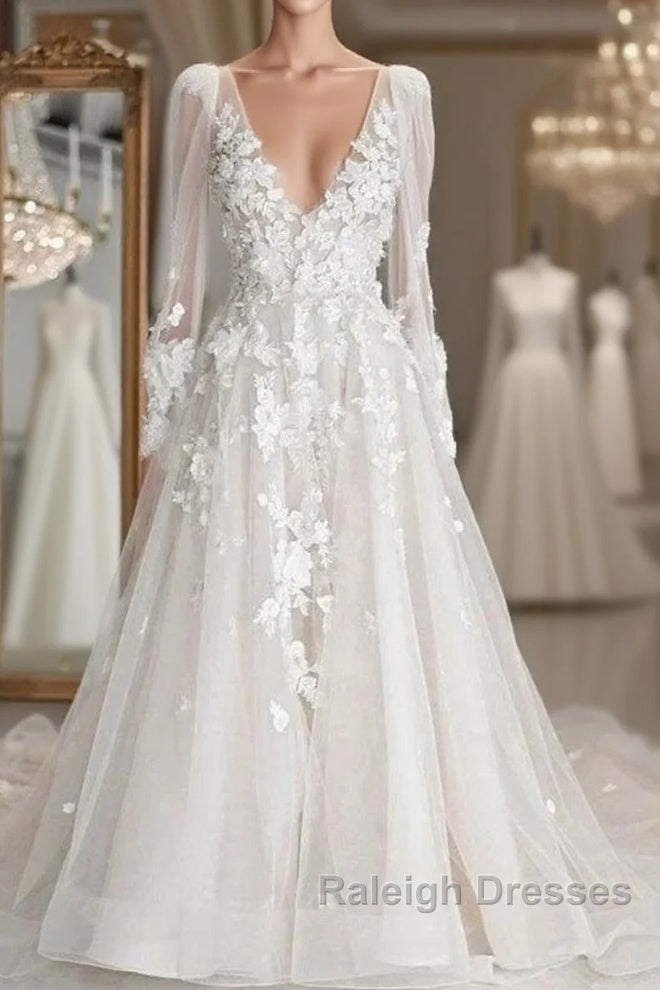 Elegant A-Line V-Neck Long Sleeved Ivory Sheer And Floor Length Wedding Dresses Main image