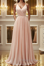 Elegant A Line V Neck Pink Long Prom Dress, Pink Formal Graduation Evening Dress